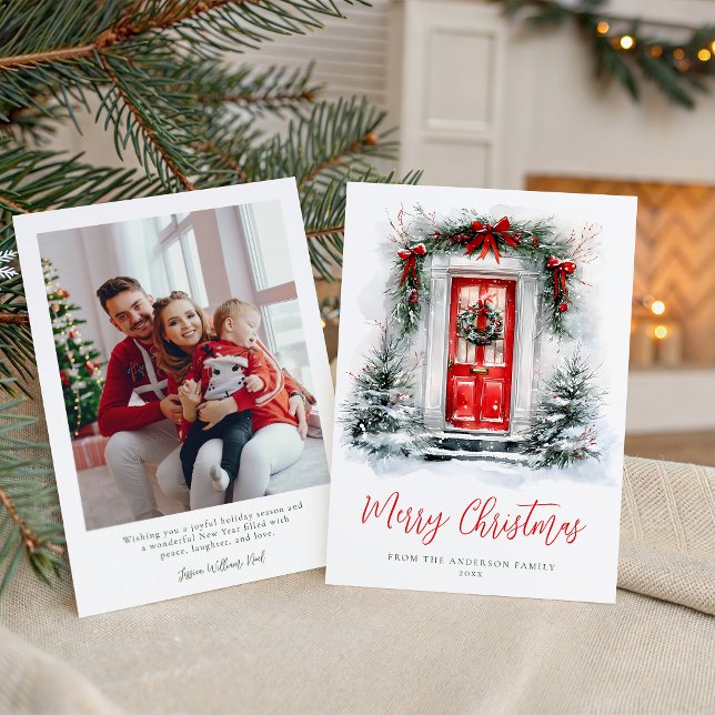 Cartão De Festividades Holiday Cozy Red Door Christmas Family Photo (Criador carregado)