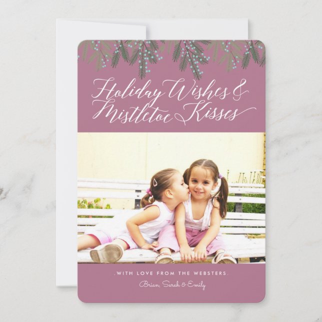 Cartão De Festividades Holiday Deseja e Mistletoe Kisses Foto de Natal (Frente)