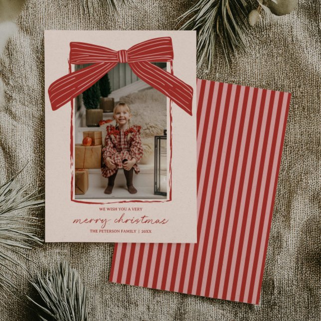Cartão De Festividades Holiday Family Photo Card Christmas Bow Stripe (Criador carregado)
