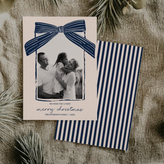 Cartão De Festividades Holiday Family Photo Card Christmas Bow Stripe (Criador carregado)