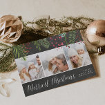 Cartão De Festividades Holiday Foliage | Chalkboard Photo Collage Card<br><div class="desc">Festive holiday photo card features red and green painted watercolor berries, leaves and branches, peeking out from the top of the card on a charcoal grey chalkboard background. Add three of your favorite square photos aligned side by side. "Merriest Christmas" appears at the bottom in white hand lettered script typography....</div>