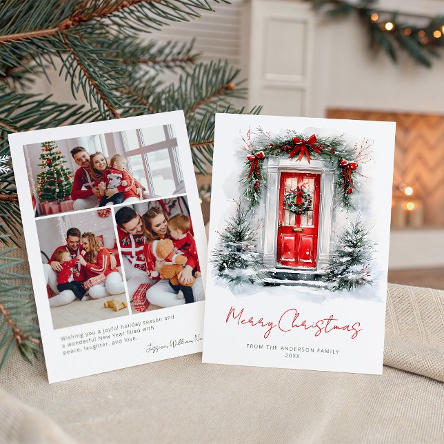 Cartão De Festividades Holiday Home Red Door Christmas Family Photo (Criador carregado)