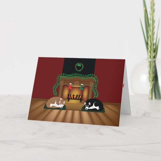 Cartão De Festividades Holiday Huskies Sleeping by the Fireplace Card (Frente)
