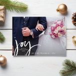 Cartão De Festividades Holiday Joy Wedding Photo Collage and Thank You<br><div class="desc">A beautiful Holiday photo card featuring your favorite photo on the front with the word "Joy" in a hand-lettered script font.  Add three photos to the back and your custom note.  Easily change the backside color to compliment your photos and style. The perfect card for newlyweds or families.</div>