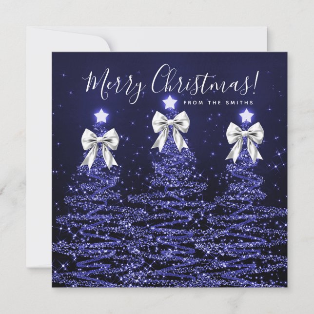 Cartão De Festividades Holiday Navy Blue Christmas Trees Greeting Silver  (Frente)
