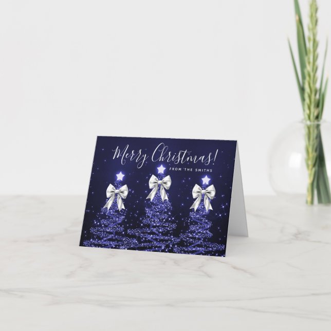 Cartão De Festividades Holiday Navy Blue Christmas Trees Greeting Silver  (Frente)