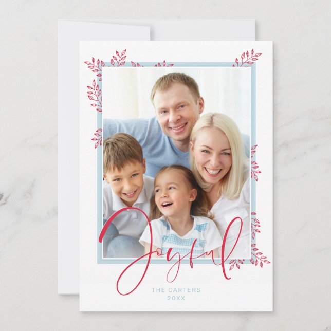 Cartão De Festividades HOLIDAY PHOTO na moda deixa risca azul vermelha al (Frente)