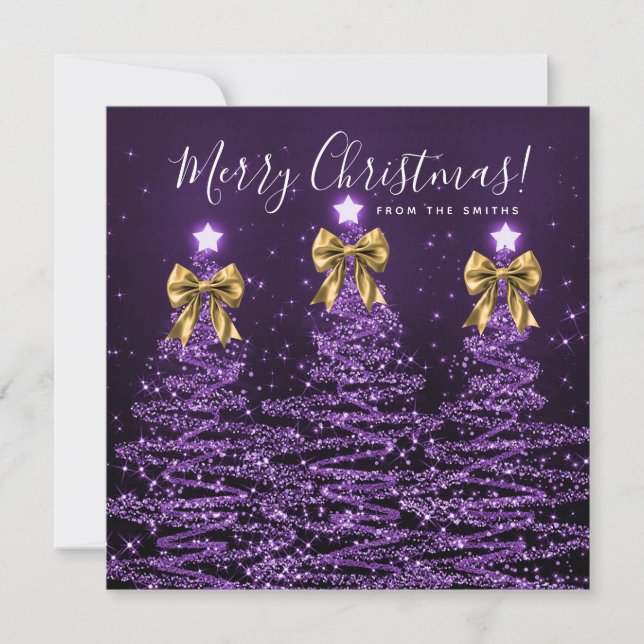 Cartão De Festividades Holiday Purple Christmas Trees Greeting Gold  (Frente)