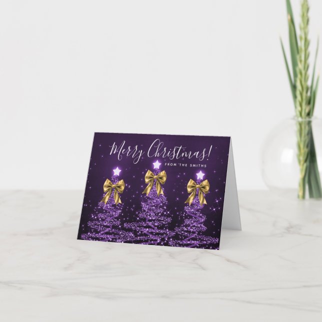 Cartão De Festividades Holiday Purple Christmas Trees Greeting Gold  (Frente)