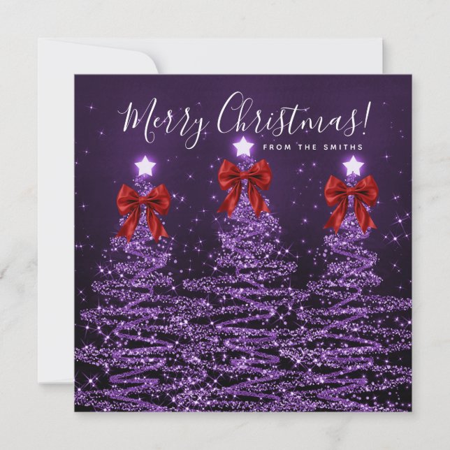 Cartão De Festividades Holiday Purple Christmas Trees Greeting Red  (Frente)