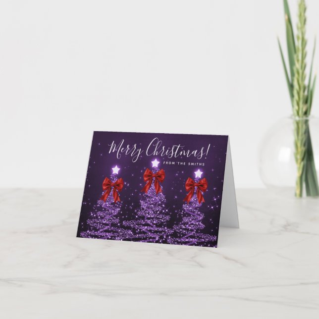 Cartão De Festividades Holiday Purple Christmas Trees Greeting Red (Frente)