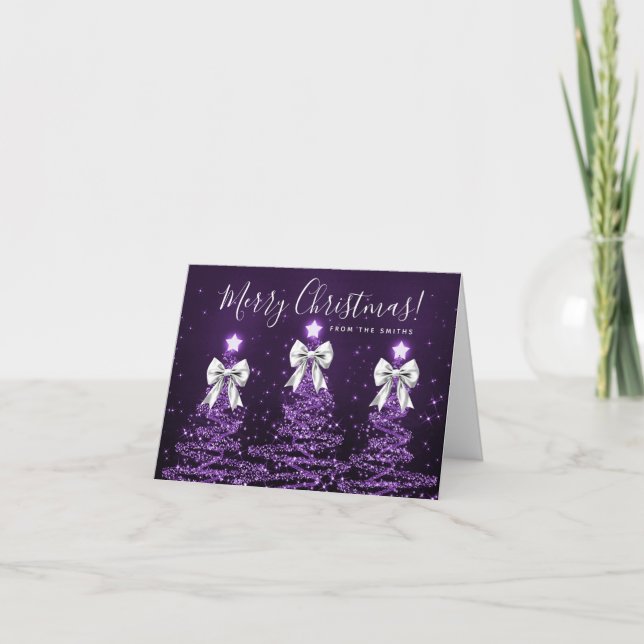 Cartão De Festividades Holiday Purple Christmas Trees Greeting Silver  (Frente)
