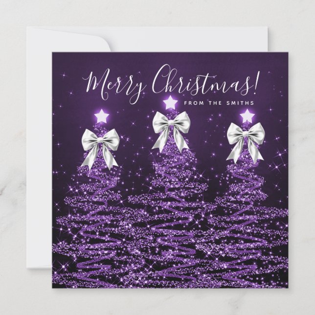 Cartão De Festividades Holiday Purple Christmas Trees Greeting Silver  (Frente)