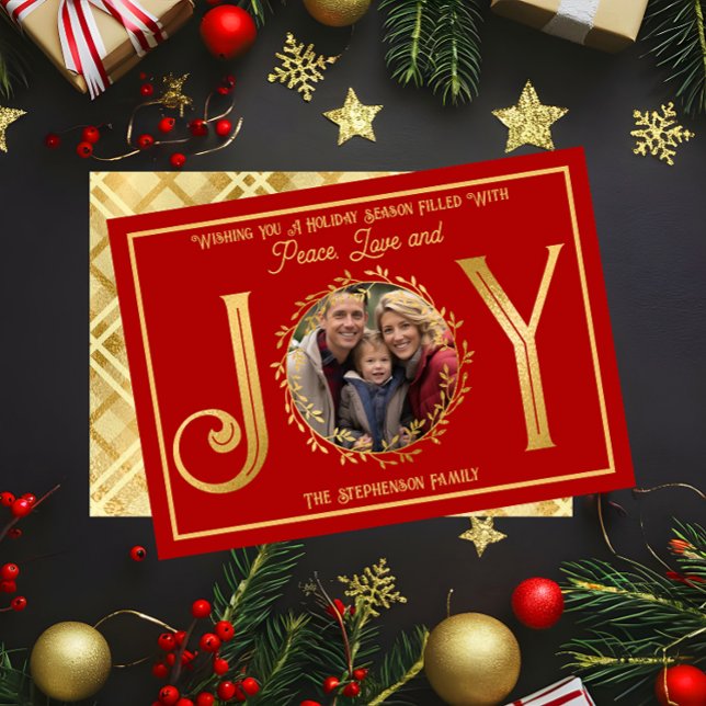 Cartão De Festividades Holiday Season WIshing Peace Love and Joy ("Wishing You A Season ... Peace Love and Joy" Faux Foil Photo Red Christmas Holiday Flat Card )