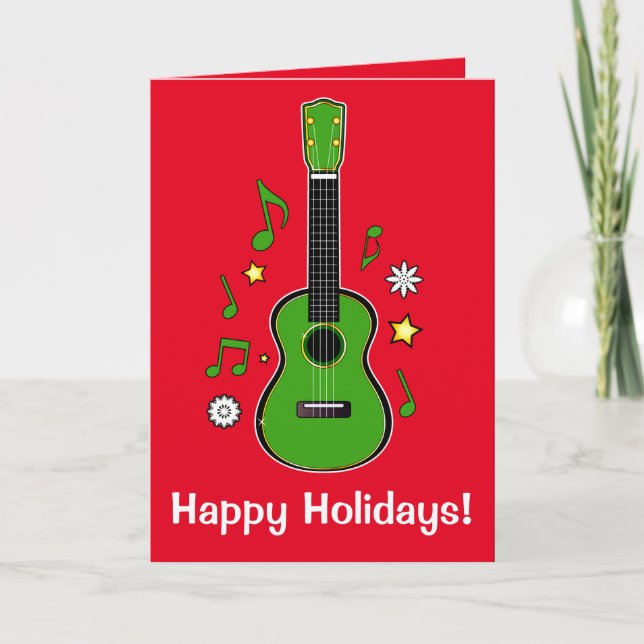 Cartão De Festividades Holiday Ukulele with Notes and Stars (Frente)