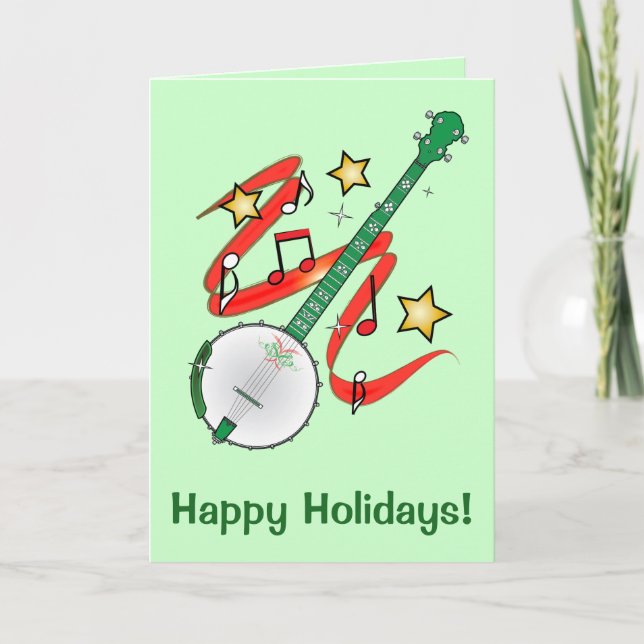 Cartão De Festividades Holiday Ukulele with Notes and Stars (Frente)