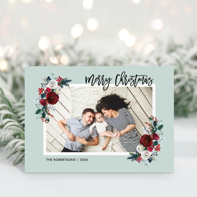 Cartão De Festividades Holly and Pine Christmas 2 Photo Folded (Criador carregado)