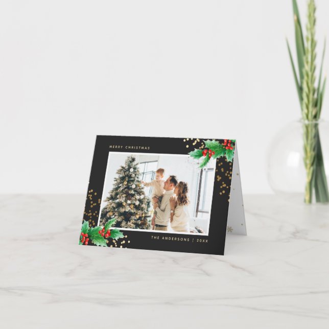 Cartão De Festividades Holly Berries Black Dourado Snowflake Foto de Nata (Frente)