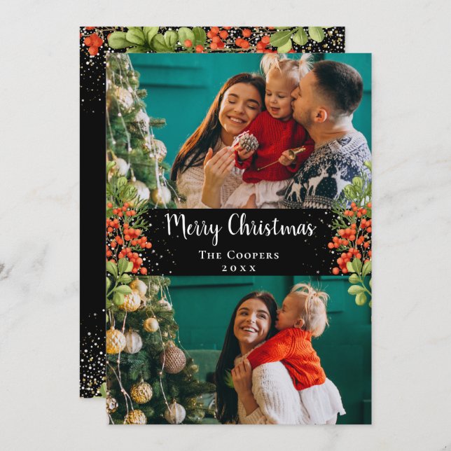 Cartão De Festividades Holly Berries Dourado Glitter Feliz Natal 2 Foto (Frente/Verso)