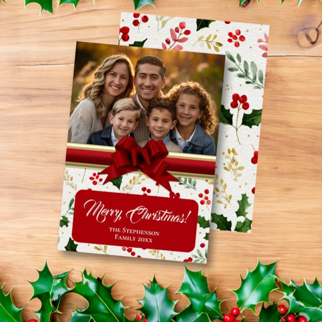 Cartão De Festividades Holly Berries e o Natal Personalizado do Arco Verm (holly berries and bow custom photo christmas card
)