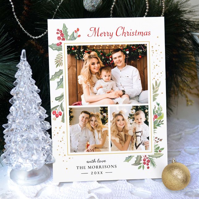 Cartão De Festividades Holly Berries Elegant Chic Merry Christmas 3 Photo (Criador carregado)
