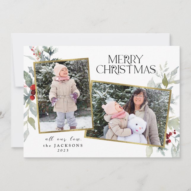 Cartão De Festividades Holly Berries Feliz Natal 2 Foto Colagem (Frente)