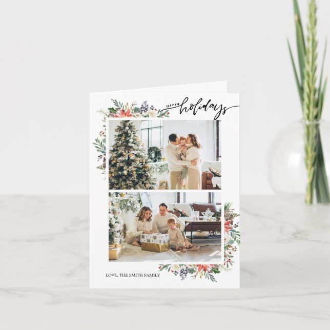 Cartão De Festividades Holly Berries & Floral Season Saudações 3 Foto (Frente)