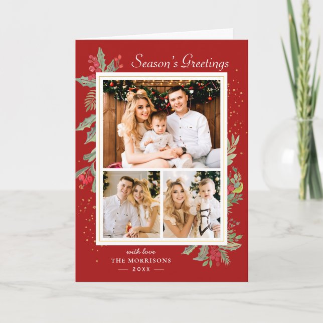 Cartão De Festividades Holly Berries Red Christmas Dourado Confetti 3 Fot (Frente)