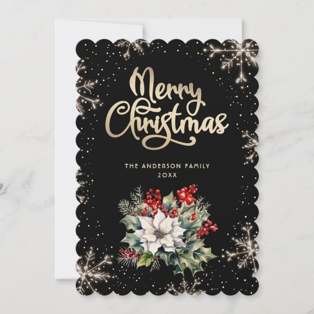 Cartão De Festividades Holly Berries Snowflakes Black Gold Christmas Card (Frente)