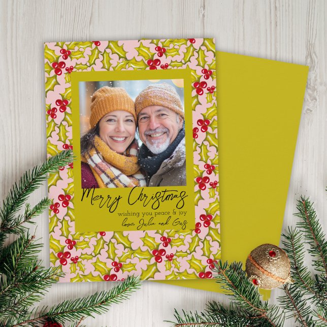 Cartão De Festividades Holly Berries Whimsical Classic 1 Foto Natal (Criador carregado)