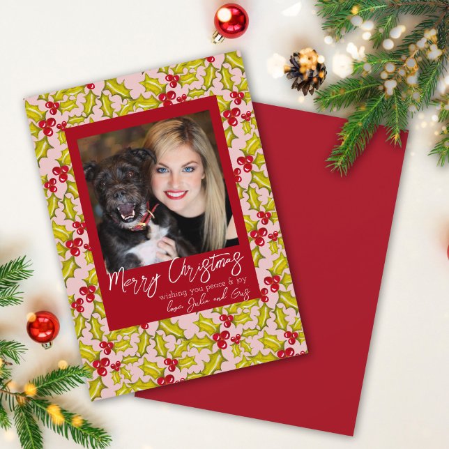 Cartão De Festividades Holly Berries Whimsical Classic 1 Foto Natal (Criador carregado)