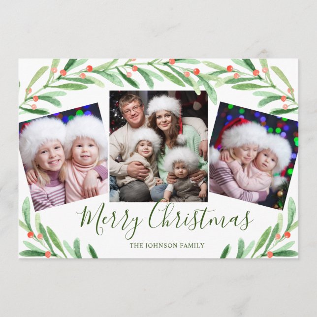 Cartão De Festividades Holly Berry Branch 3 FOTO Saudação de Natal (Frente)