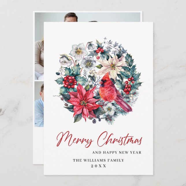 Cartão De Festividades Holly Berry Cardinal Natal 3 FOTO Saudação (Frente/Verso)