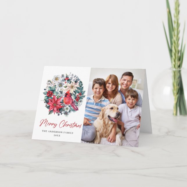 Cartão De Festividades Holly Berry Cardinal Saudação Corporativa de Natal (Frente)