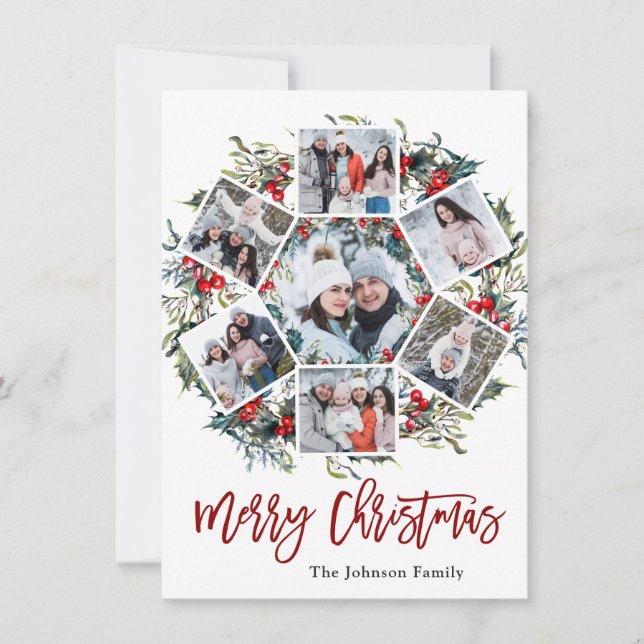 Cartão De Festividades Holly Berry Christmas Wreath 7 PHOTO Saudação (Frente)