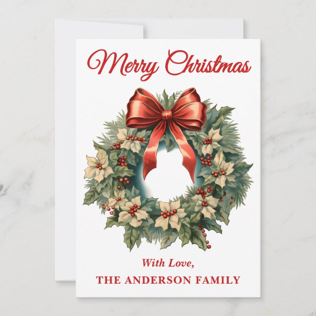 Cartão De Festividades Holly Berry Christmas Wreath com Arco vermelho (Frente)