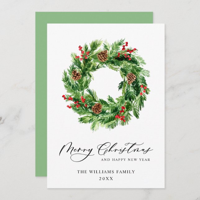 Cartão De Festividades Holly Berry Pine Cones Wreath de Natal (Frente/Verso)