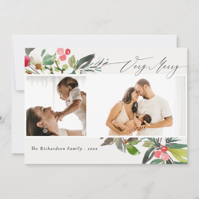 Cartão De Festividades Holly Berry Pine Muito Feliz Natal 2 Foto (Frente)