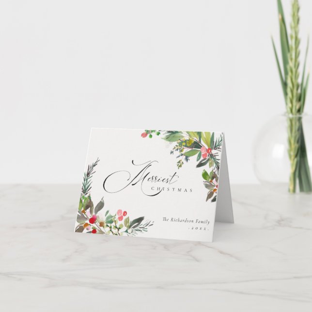 Cartão De Festividades Holly Berry Pine Vermelho Verde Natal Mais Alegre (Frente)