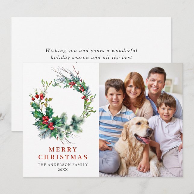 Cartão De Festividades Holly Berry Wreath Christmas PHOTO (Frente/Verso)