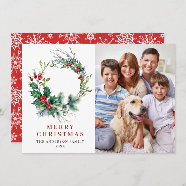 Cartão De Festividades Holly Berry Wreath Christmas PHOTO (Frente/Verso)