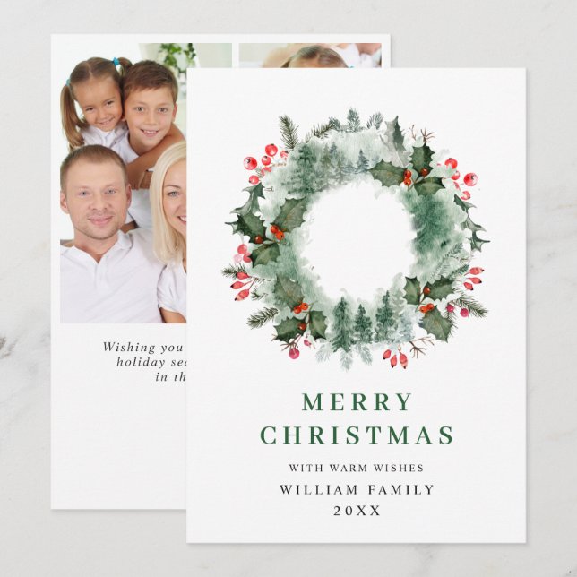 Cartão De Festividades Holly Berry Wreath Natal Saudação 3 Foto (Frente/Verso)