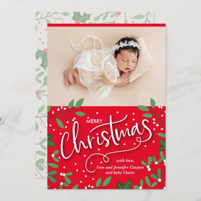 Cartão De Festividades Holly Christmas Baby Photo Birth Announces (Frente/Verso)