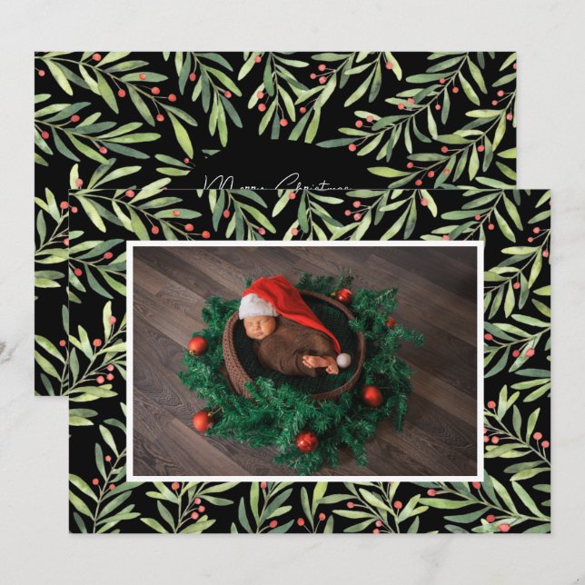 Cartão De Festividades Holly Christmas Photo (Frente/Verso)
