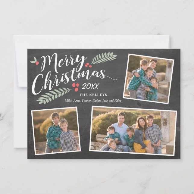Cartão De Festividades Holly e Berries Feliz Natal Três Foto (Frente)