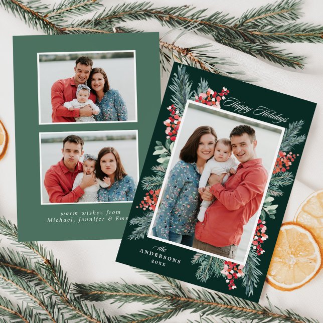 Cartão De Festividades Holly e Evergreen Feliz Férias 3 Foto (Criador carregado)