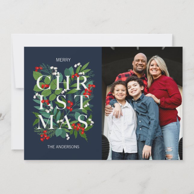 Cartão De Festividades Holly E Greenery Feliz Foto De Natal (Frente)