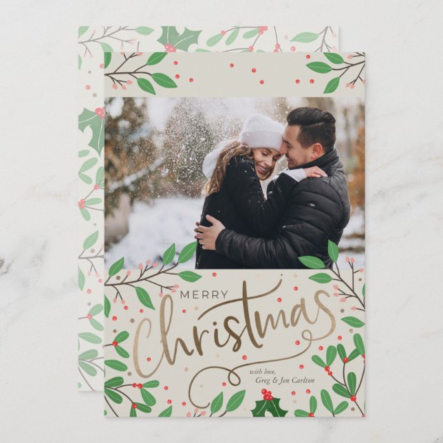 Cartão De Festividades Holly Feliz Foto de Natal (Frente/Verso)