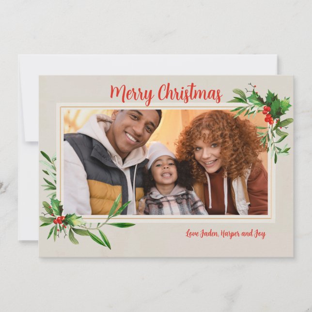 Cartão De Festividades Holly Frame Photo Holiday Card (Frente)