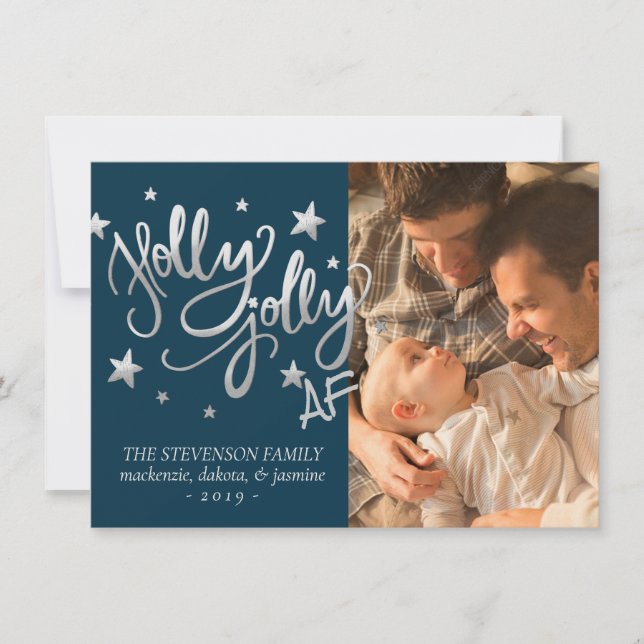 Cartão De Festividades Holly Jolly AF | Foto de Foil Faux Shiny Silver (Frente)